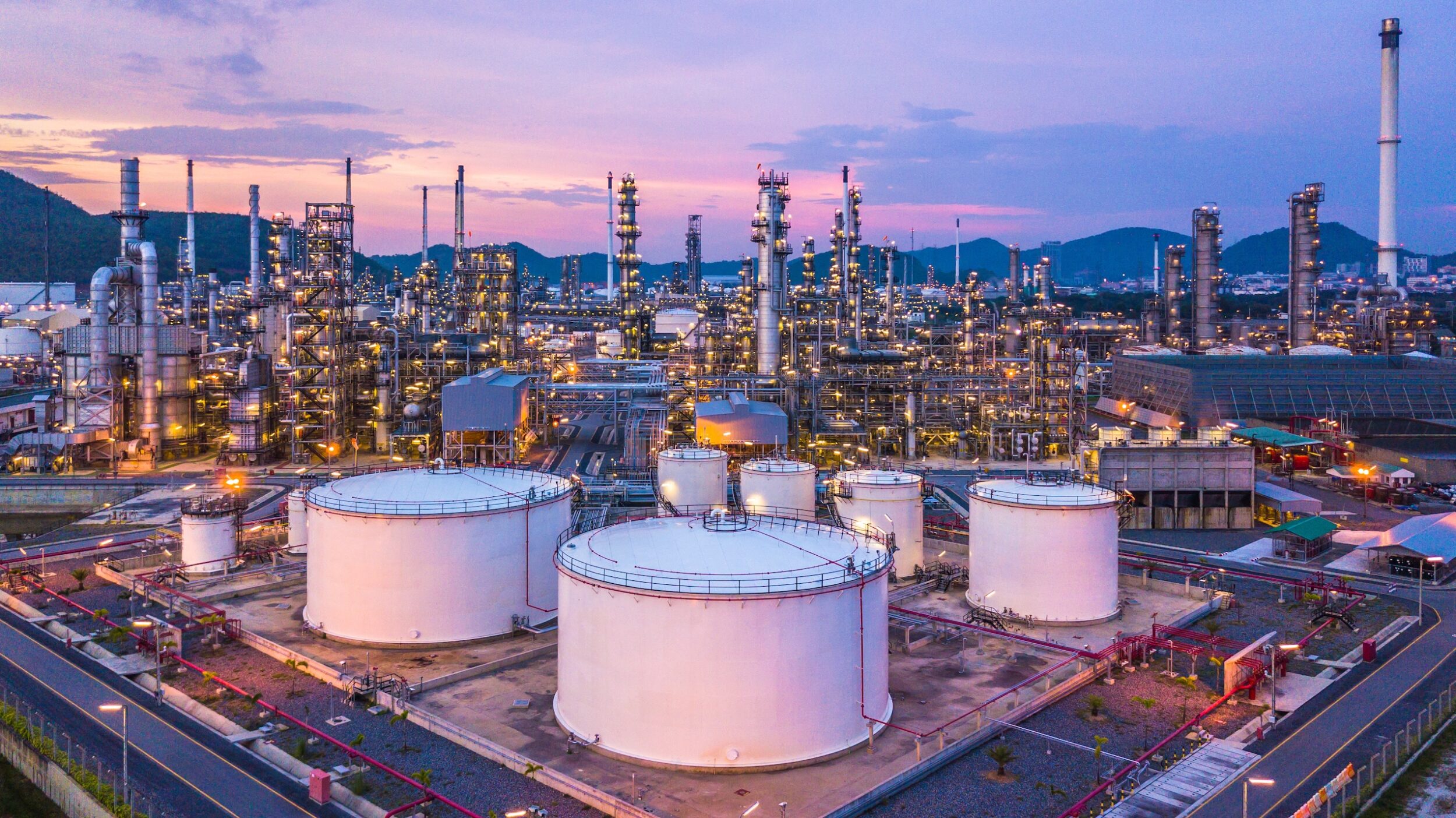 Industrial complex at sunset.